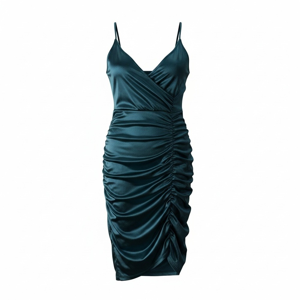 Leith Womens Teal Green Satin Ruched Bodycon Midi Dress V-Neck Size M